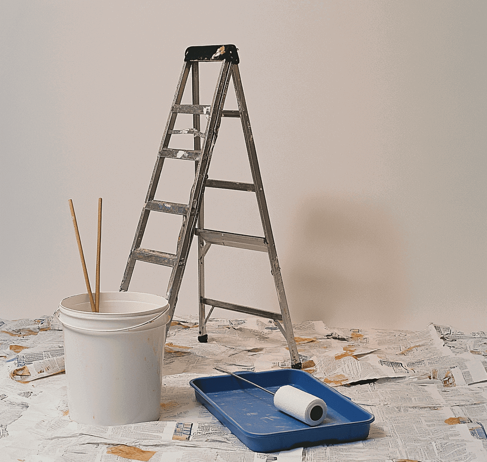 A clean, organised interior for wallpapering with a metal ladder on a protective floor covering.