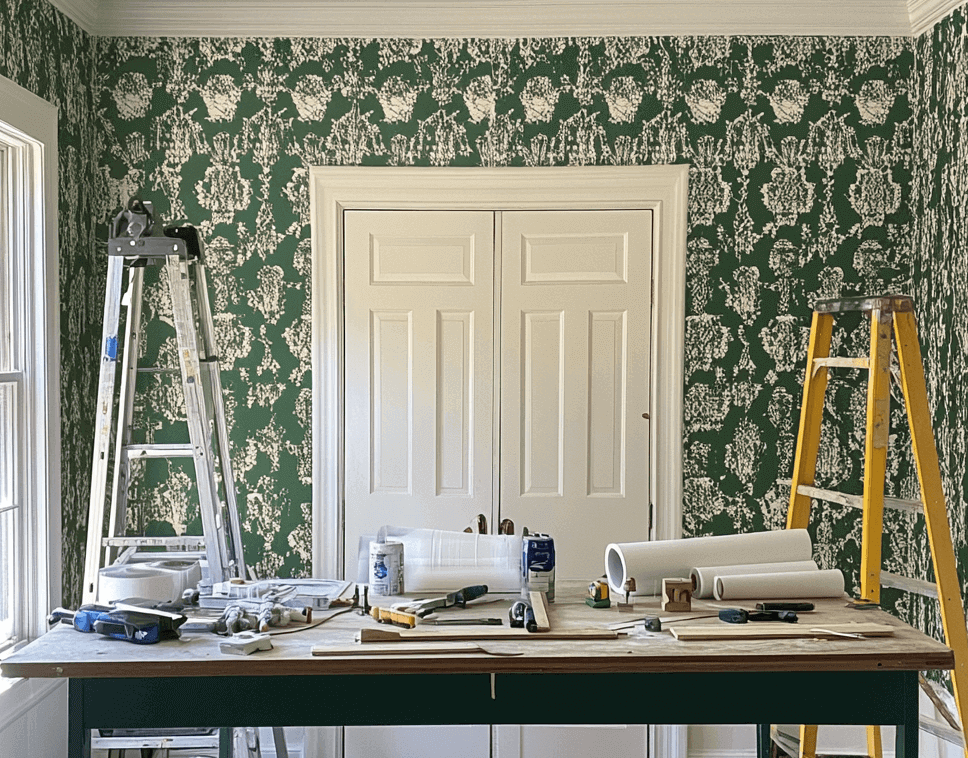 Tools and wallpaper on a table