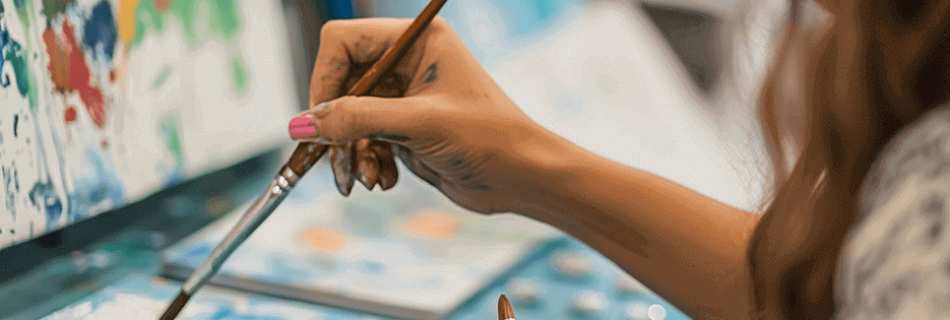 Close-up of a young artist's hands painting vivid details on a canvas, with brushes and abstract artwork in the background