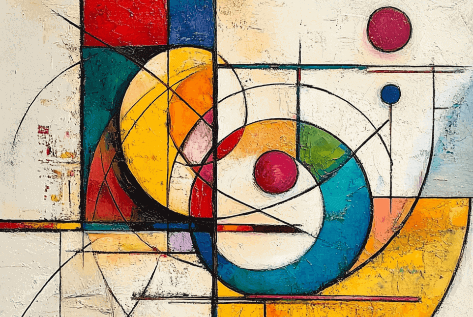 an abstract painting with bright colours, geometric shapes and bold lines