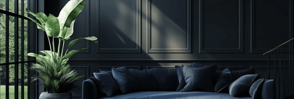 Luxurious, dark living room with navy blue sofa, golden coffee table, large plant and modern chandelier, illuminated by floor-to-ceiling windows