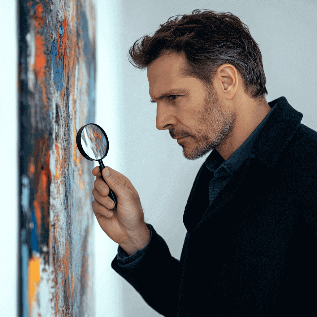 A man looks at an abstract painting with a magnifying glass to focus his attention on the details