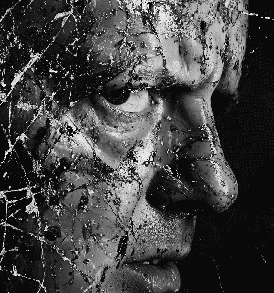 A black and white portrait of a man’s face with splattered abstract patterns, emphasizing emotion and texture