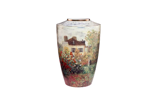 a porcelain vase with a design of a house and a garden with flowers