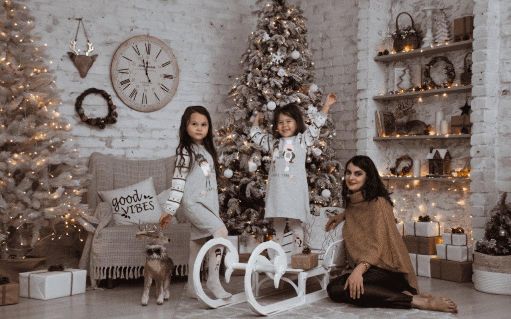 A picture of a family with warmth Christmas decorations