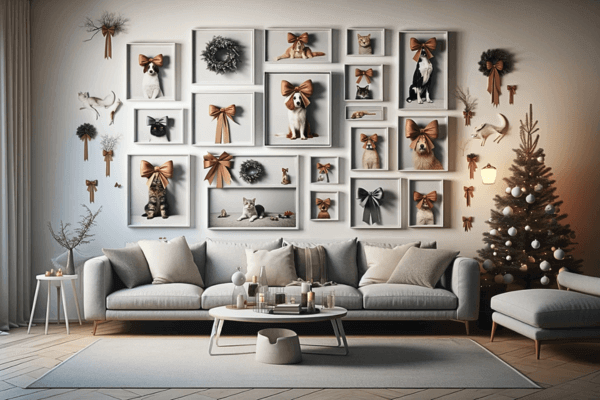 A wall gallery of picture frames with ribbon as a design