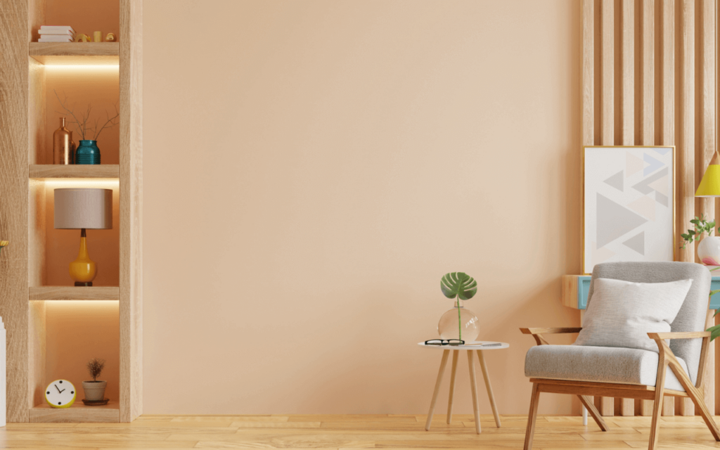 A living room with Peach fuzz wall background