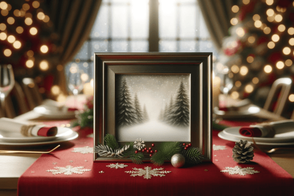 a winter picture frame on top of a table