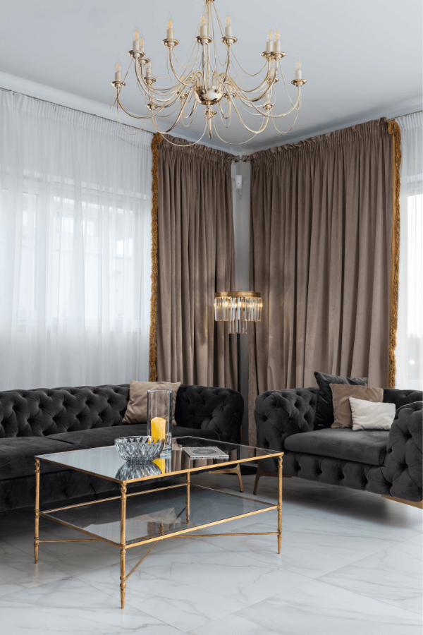 a chandelier and a floor lamp