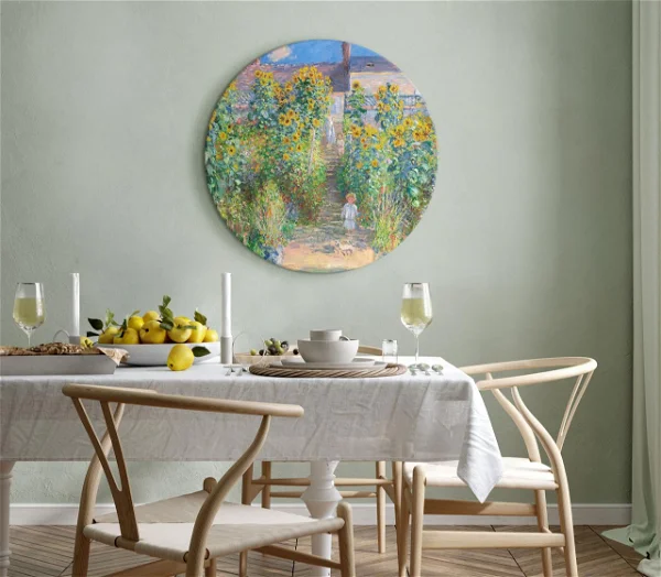 Circle Painting 'Vétheuil Garden'nin Dining room with green color background