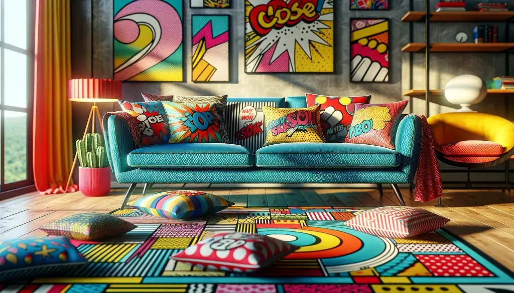 living room landscape with cushions and carpets inspired by pop art