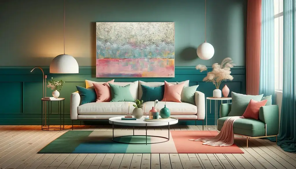 living room landscape with romantic color palette of deep blue and soft coral
