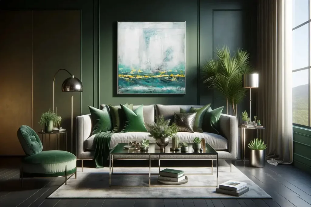 green and metallic colour palette for a sophisticated living room