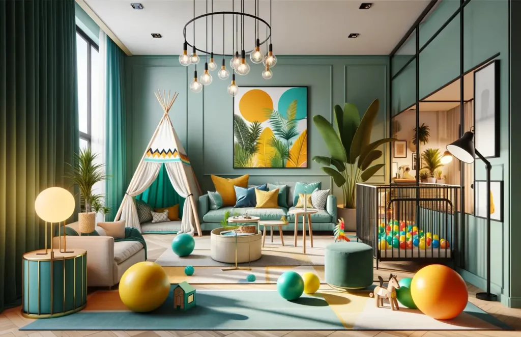 tropical bright spring color palette in a kids playroom