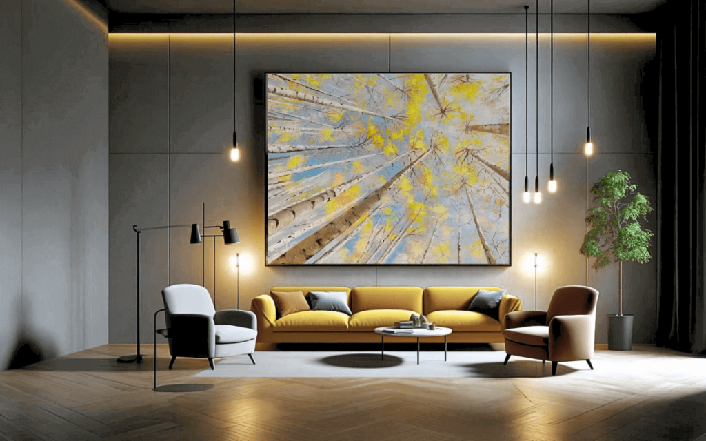 Large-format art with a hand painted painting in yellow nature inspired motif