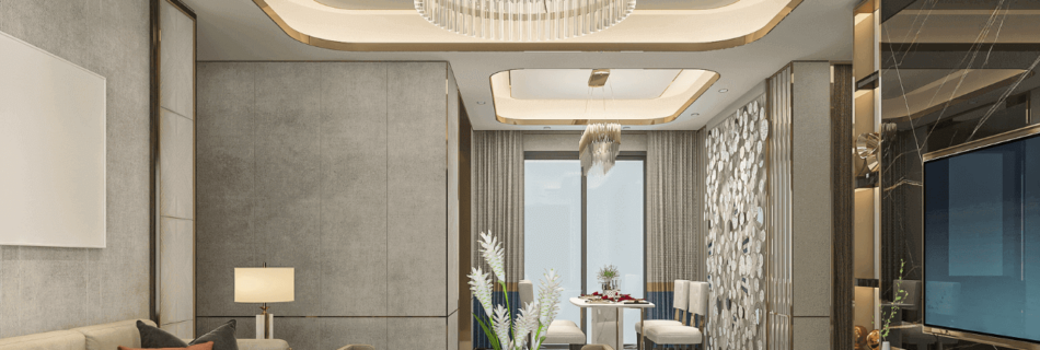 A picture of a living room with a chandelier, leather cushion covers and a decorative wall background