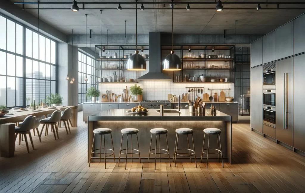 industrial style kitchen with pendant lights and beautiful lightings