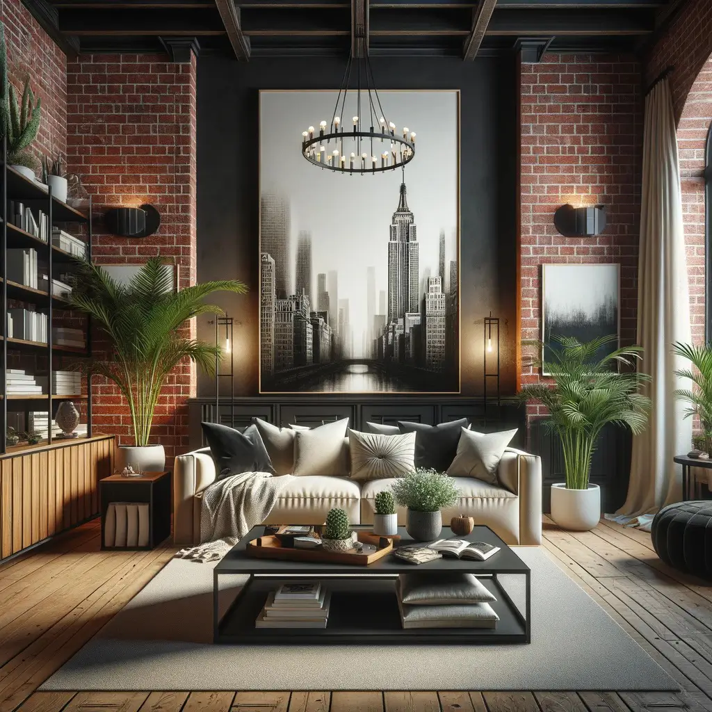 living room with large furniture and high bookshelf