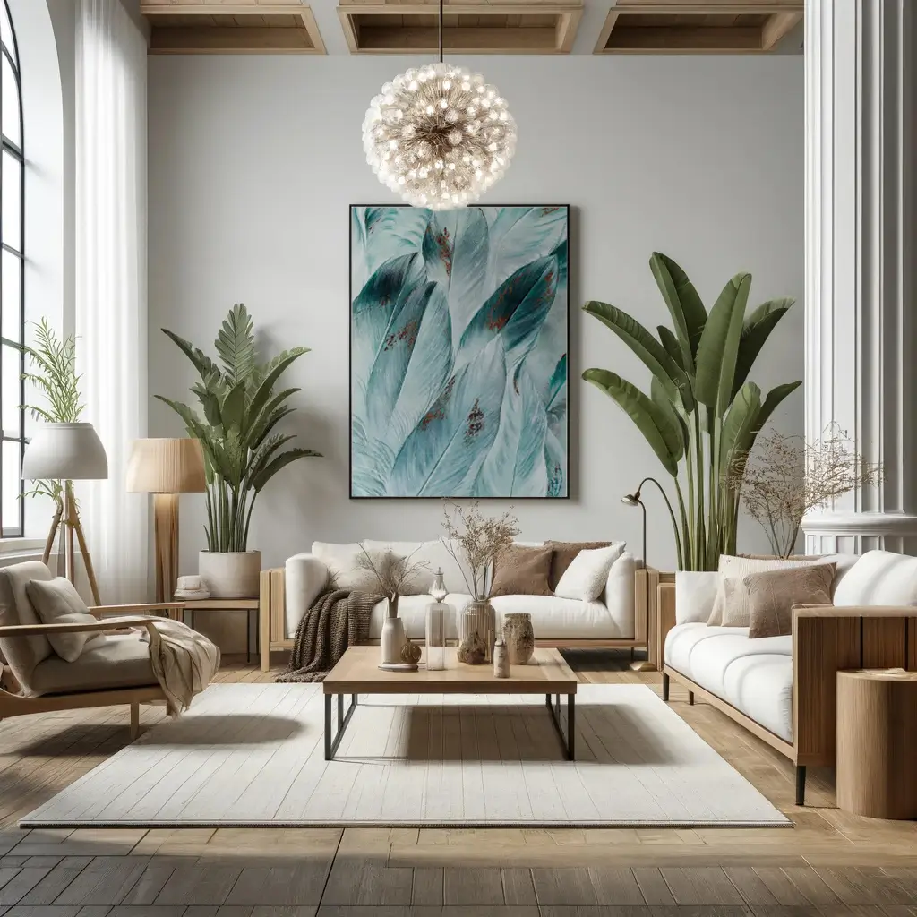living room with tall plants to complement with the high ceilings