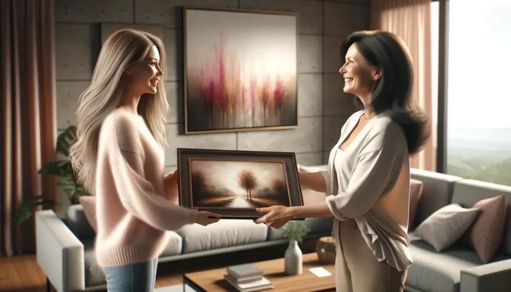 A touching moment for Mother's Day when a daughter presents her mum with a painting. The scene takes place in her living room with abstract paintings on the wall.
