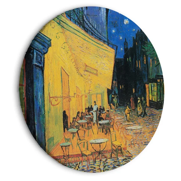 Round painting of Vincent van Gogh's 'Café Terrace at Night,' depicting an outdoor café with yellow-lit tables and chairs on a cobblestone street under a starry night sky