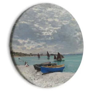 A round painting with an illustration of a beach view and boats