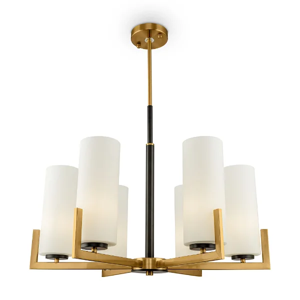 Modern chandelier with a vertical black rod, branching out into gold arms that support white tube-like shades.