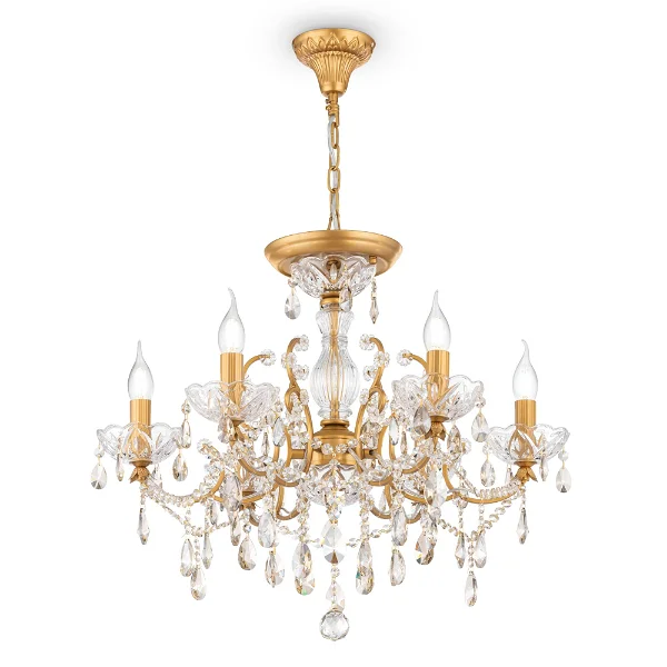 Golden chandelier with multiple branches, each holding a candle-like light, adorned with crystals.