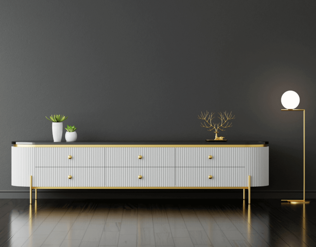 A minimalist floor lamp design with a drawer table in gray background