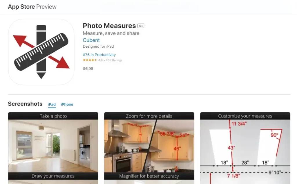 Photo Measures application on Apple for hanging pictures