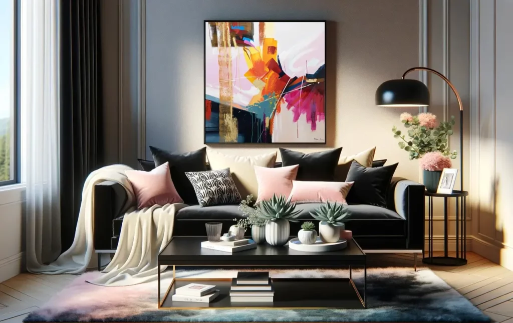 image of a stylish and vibrant living room scene with black sofa coffee table plants and an 80x80 abstract painting 'Passion of Colours'