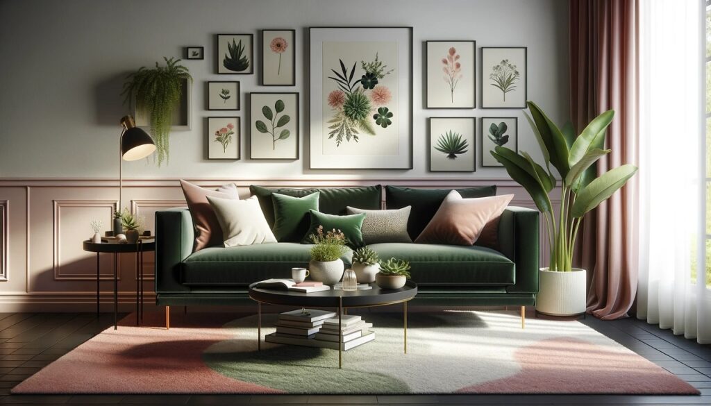 Picture a vibrant and stylish living room with a picture wall gallery of botanical prints