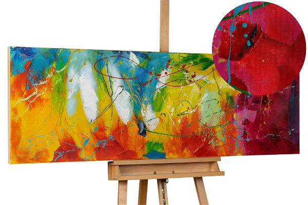 Vibrant abstract canvas with explosive colors and splatter details.