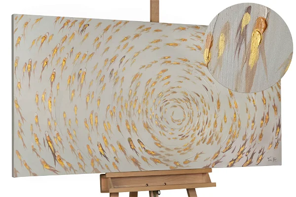 Abstract canvas with swirling gold leaf patterns on a creamy background.