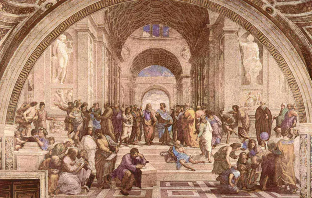 Renaissance hall with scholars and ornate architecture.