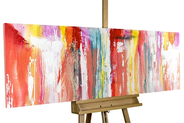 abstract colourful lines on red modern acrylic painting