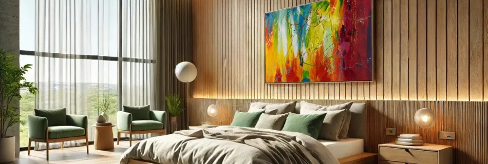 Living room with green sofa and yellow grey accenta and the bright future abstract art acrylic painting by Kenneth Zeng