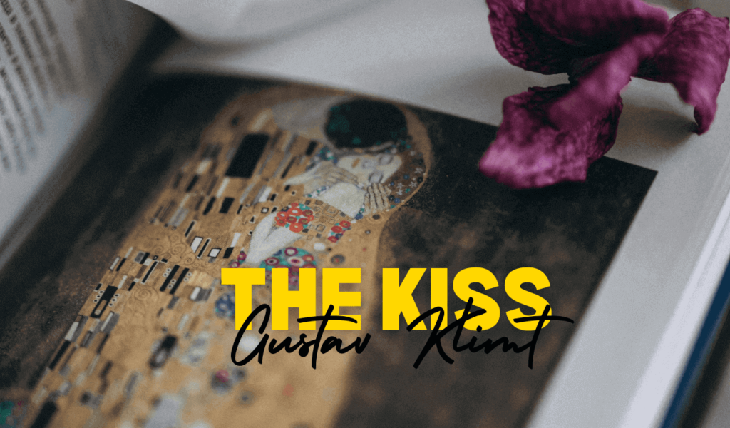 'The Kiss' featured in an open art book, highlighting gold patterns and floral motifs, with a purple flower placed on the page and the text overlay 'GUSTAV KLIMT The Kiss.'
