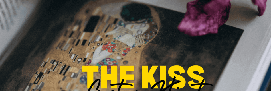 'The Kiss' featured in an open art book, highlighting gold patterns and floral motifs, with a purple flower placed on the page and the text overlay 'GUSTAV KLIMT The Kiss.'