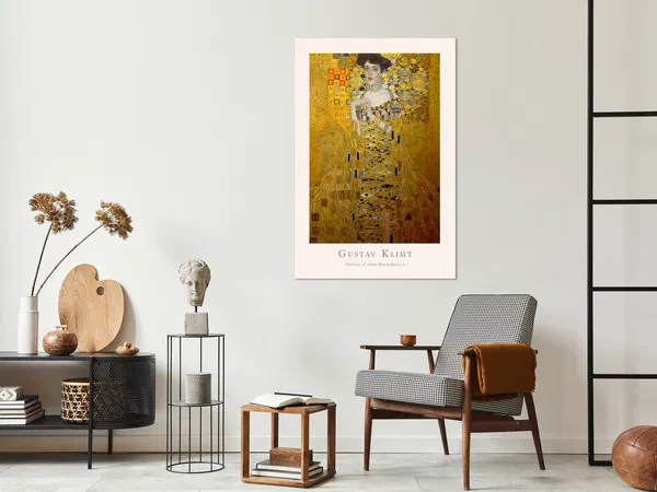 Modern living room with a Gustav Klimt art print of 'Portrait of Adele Bloch-Bauer' displayed on the wall, surrounded by stylish decor and furniture.