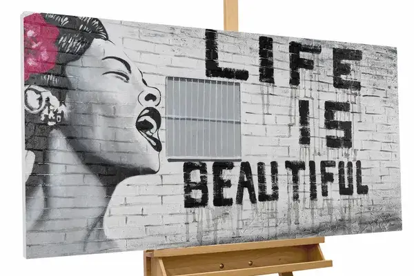 A landscape canvas of a woman with black text in white background