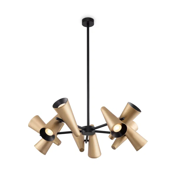 A bold chandelier with black and gold cone-shaped lights on a central black frame