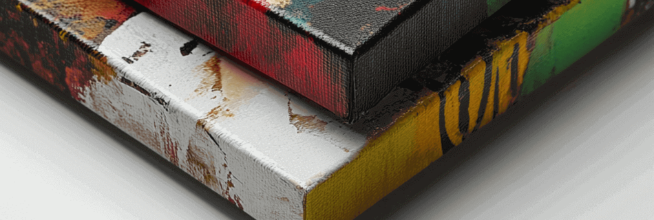 Close-up of stacked abstract canvas prints in red, green, yellow, and white.