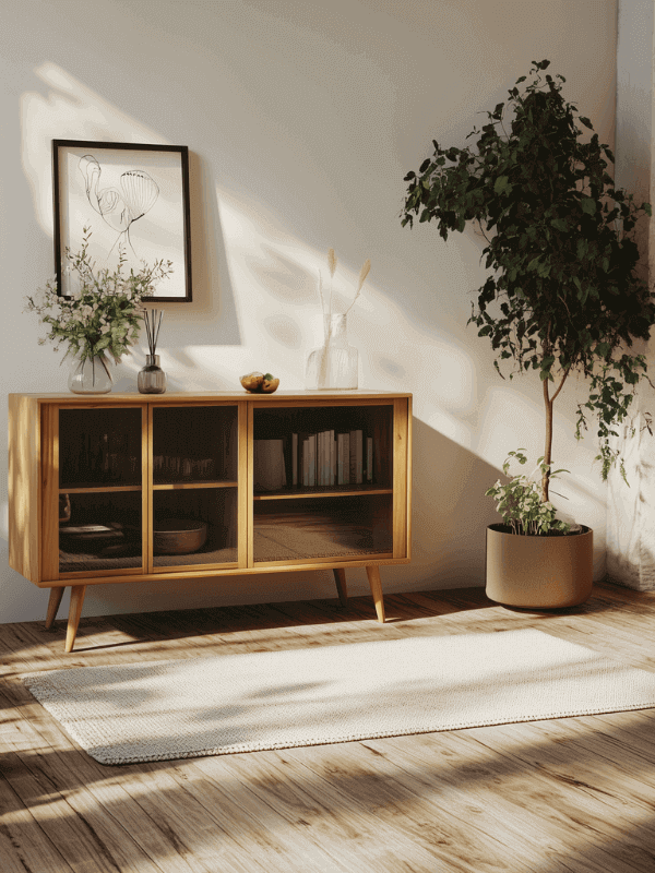 Stylish interior living room with old wood flooring, neutral tones, and modern decor elements including plants and art