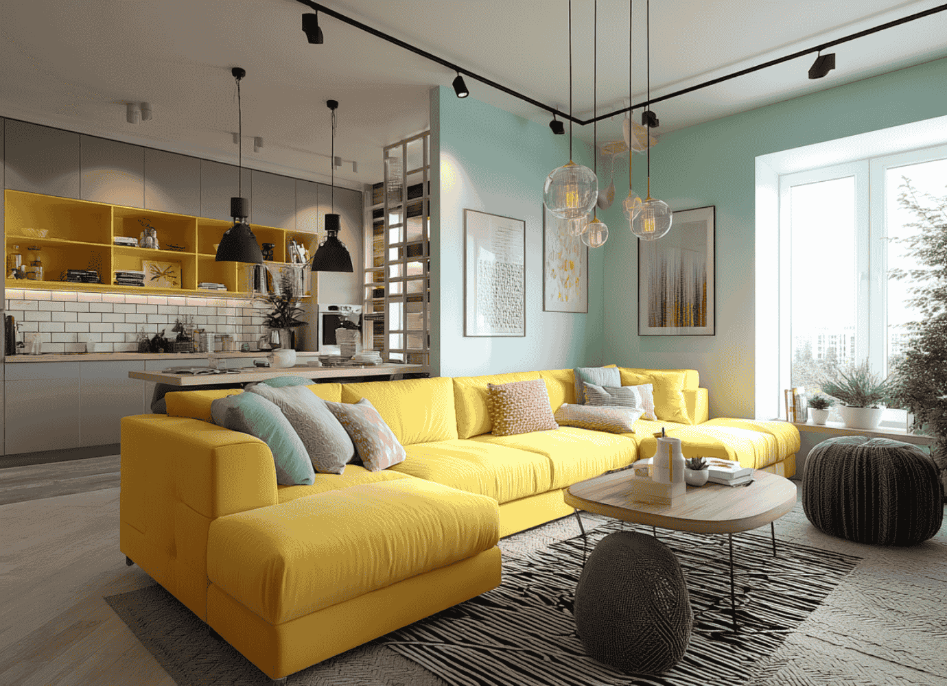 Bright living room with a yellow sectional sofa, glass pendant lights, and a wooden coffee table, complemented by vibrant cushions and plants