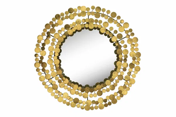 Stylish round metal wall mirror with a gold frame, designed with geometric lines to create a bold, contemporary statement.