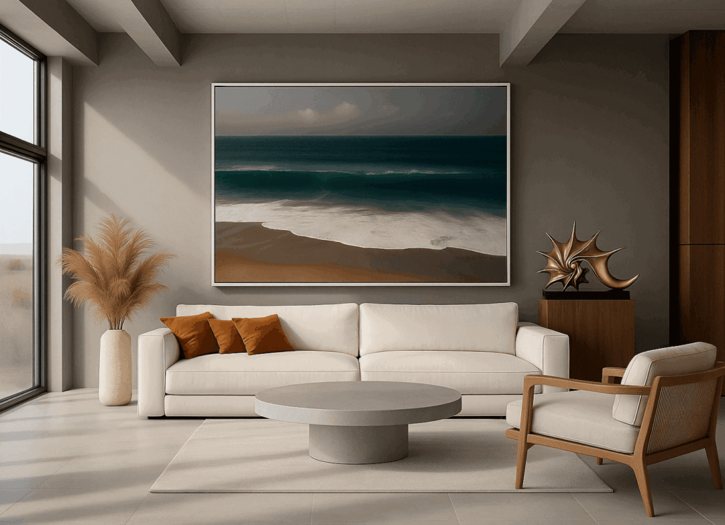 Bright dining area with round wooden table, gray chairs, curved sofa, and beach-themed wall art.