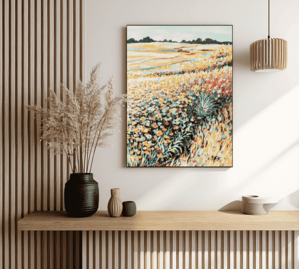 Colorful flower field painting in a bright minimalist hallway with natural decor