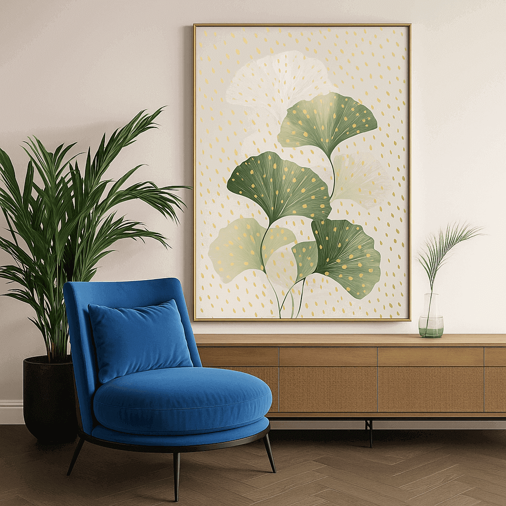 Cozy living room corner with velvet chairs and green-hued wall art