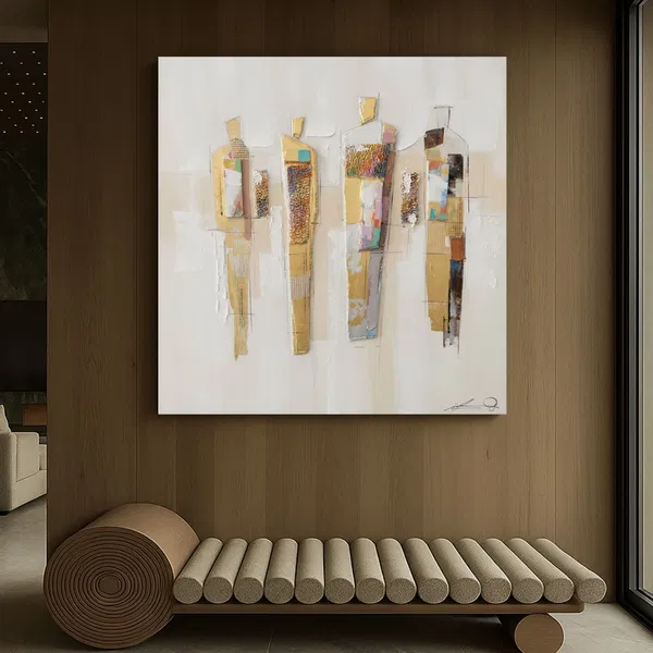 A work of art with an abstract design is displayed in a minimalist living room with a brown colour scheme.